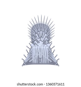 Empty throne cartoon style, vector illustration isolated on white background. Fantasy chair made of antique swords or metal blades, medieval chair built of weapon