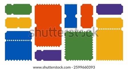 Empty ticket backgrounds with stabbing, coupons shapes, colorful text and message paper text boxes. Vector illustration.