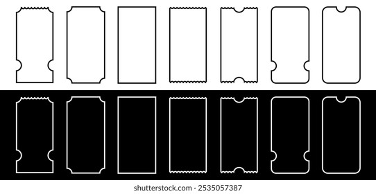 Empty ticket or lottery mockups set. Blank outline  tickets for airplane, concert, cinema, museum, festival, theater and exhibition. Vector illustration isolated on black and white background