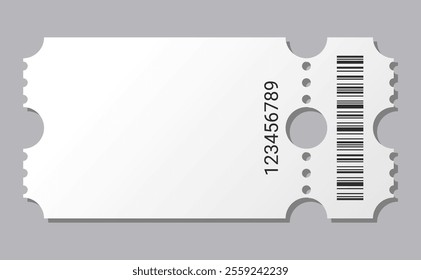 Empty ticket template. Blank concert ticket or lottery coupon. Event coupon or cinema movie theater card. Festival or circus paper empty flyer. Vector isolated illustration