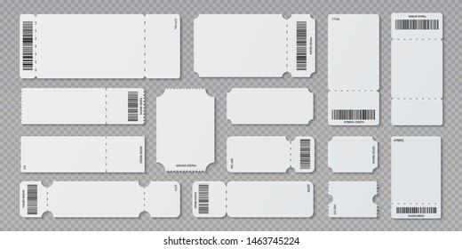 Empty ticket template. Concert movie theater and boarding blank white tickets, lottery coupons with ruffle edges. Vector isolated modern coupon set for travelling festival airplane