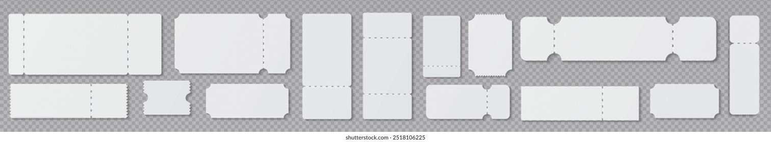 Empty ticket template. Concert movie theater and boarding blank white tickets, lottery coupons with ruffle edges. Vector isolated modern coupon set for travelling festival airplane