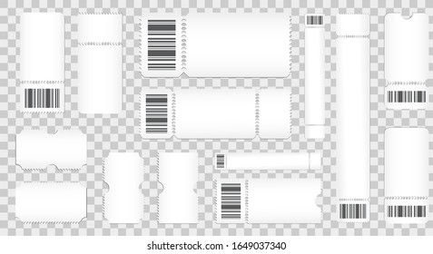 Conjunto de plantillas de tickets vacías. Entradas de concierto. La lotería. Vintage cupones. Asiento de evento. Ilustración vectorial.