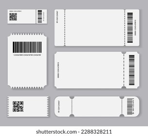 Empty tickets template. Set blank concert ticket, lottery coupons. Event coupon or cinema movie theater cards. Festival or circus paper empty flyers. Vector isolated illustration