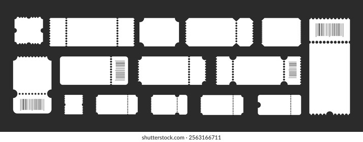 Empty tickets template. Set blank concert ticket, lottery coupons.