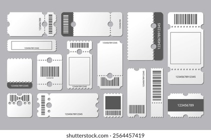 Empty tickets template. Set blank concert ticket, lottery coupons. Event coupon or cinema movie theater cards. Festival or circus paper empty flyers. Vector isolated illustration