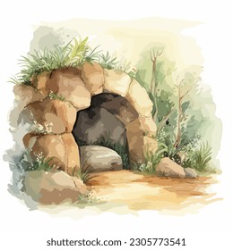 Empty tomb, Christianity, Jesus Christ, resurrection, cave like, stone rolled away vector illustration.