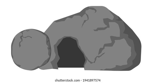 Empty tomb of Jesus and rolled away stone. Open cave. Easter illustration