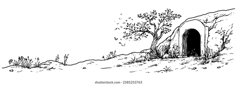 empty tomb with open entrance and tree vector doodle black sketch illustration