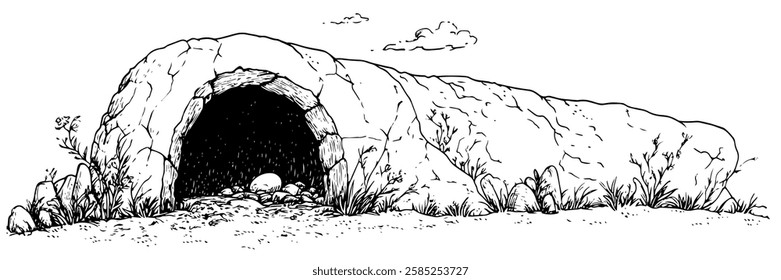 empty tomb with stone entrance and grass vector doodle black sketch illustration