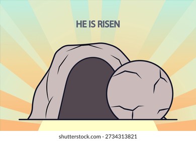 Empty tomb with stone rolled away and sunburst, symbolizing resurrection