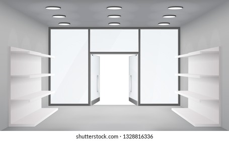 Empty trade shelves store interior open doors shop 3d space light realistic windows space template mockup background vector illustration