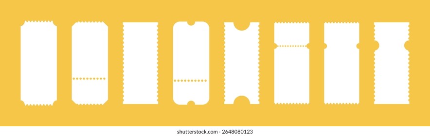 Empty train ticket templates. Admit one tickets. Ticket pattern for cinema, circus, theatre festival, casino, club. Boarding blanks, lottery, sale minimalist coupons. Blanks flat backdrops.