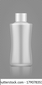 Empty transparent bottle mockup for cosmetic shampoo, lotion, cream, shower gel. Plastic package design. Blank hygiene, medical, body, hair, face care product template. 3d vector illustration