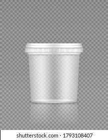 Empty transparent bucket with cap mockup for ice cream, yoghurt, mayonnaise, paint, or putty . Plastic package design. Blank food or decor product container template. 3d vector illustration