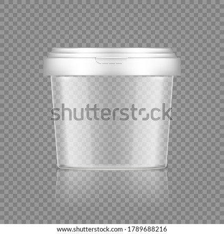 Empty transparent bucket with cap mockup for ice cream, yoghurt, mayonnaise, paint, or putty container. Plastic package design. Blank food or decor product template. 3d vector illustration