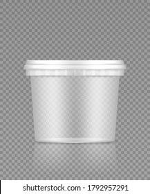 Empty transparent bucket with cap mockupfor ice cream, yoghurt, mayo, paint, or putty. Plastic package design. Blank food or decor product container template. 3d vector illustration