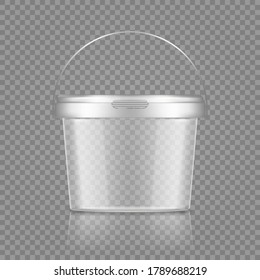 Empty transparent bucket with handle mockup for ice cream, yoghurt, mayonnaise, paint or putty container. Plastic package design. Blank food or decor product template. 3d vector illustration