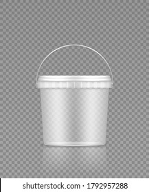 Empty transparent bucket with handle mockup for ice cream, yoghurt, mayo, paint, or putty. Plastic package design. Blank food or decor product container template. 3d vector illustration