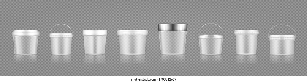 Empty transparent bucket and jar mockup set for ice cream, yoghurt, cheese, mayonnaise, paint or putty. Plastic package design. Blank food or decor product container template. 3d vector illustration
