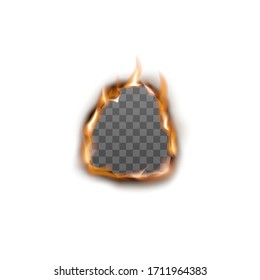 Empty transparent burning hole with realistic fire isolated on white background - flaming piece of paper with scorched browned edges - vector illustration.