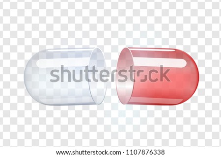 empty transparent capsules. Painkillers, antibiotics, vitamins, amino acids, minerals, bio active additive, sports nutrition. Icons of medicament. Medical illustration on blue background. 