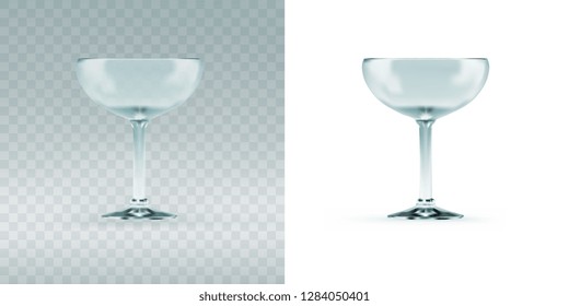 Empty transparent cocktail sauser glass for margarita and cosmopolitan cocktails at bar. Realistic 3d vector illustration of blank glassy stemware on gradient background