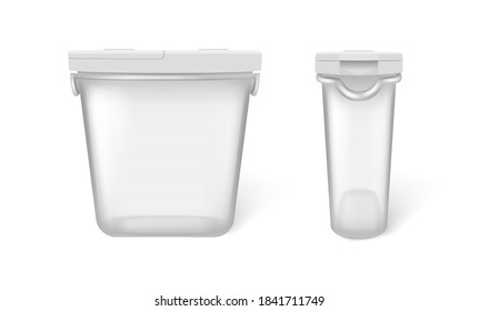 Empty transparent containers for food storage with lid mockup, template front and top view. Blank plastic food product isolated on white background. 3d vector illustration