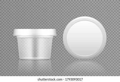 Empty transparent cosmetic jar with cap top view mockup for lotion, cream, mousse, powder. Plastic package design. Blank beauty product or medical care container template. 3d vector illustration