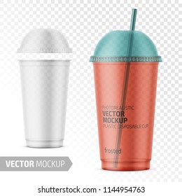 Empty transparent frosted plastic disposable cup with dome lid for cold beverage - soda, ice tea or coffee, cocktail, milkshake, juice. 450 ml. Realistic packaging mockup template. Vector illustration