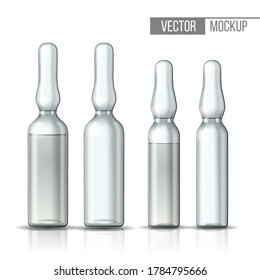 Empty transparent glass ampule and ampule with vaccine or drug for medical treatment. Realistic 3d mock-up of ampoule with medicament for injection. Blank template of vial. Vector illustration