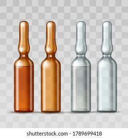 Empty transparent glass ampule and ampule with vaccine or drug for medical treatment. Realistic 3d mock-up of ampoule with medicament for injection. Blank template of vial. Vector illustration