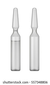 Empty transparent glass ampule with vaccine or drug for medical treatment. Realistic 3d mock-up of ampoule with medicament for injection. Blank template of vial with cap. Vector isolated on background