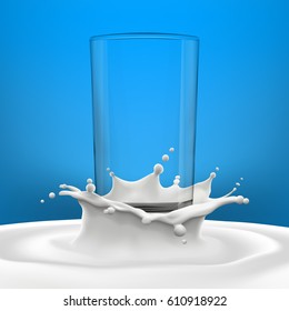 Empty transparent glass in big milk splash on blue gradient background high quality vector realistic illustration