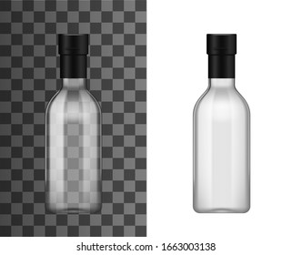 Empty transparent glass bottle with foil bottleneck cap, realistic 3d mockup template. Vector isolated blank alcohol drink or cooking oil bottle, premium vodka, sauce or olive oil bottle