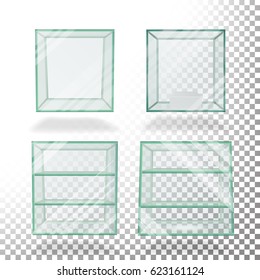 Empty Transparent Glass Box Cube Set Vector. For Exhibition And Presentation. 