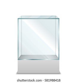 Empty Transparent Glass Box On Pedestal, Isolated On White Background, Vector