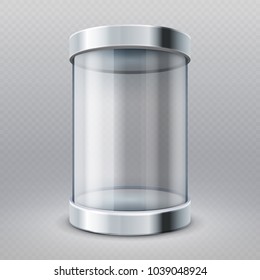 Empty transparent glass cylinder 3d showcase isolated vector illustration. Museum and market gallery box