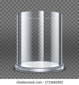 Empty transparent glass cylinder isolated on transparent background. 3d round showcase. Exhibit transparent display box