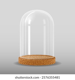 Empty transparent glass dome on cork podium. 3D realistic vector object