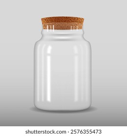 Empty transparent glass jar with cork lid. Vector object