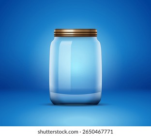 Empty transparent glass jar with metallic lid on blue gradient background for packaging mockup or product branding presentation.