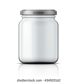 Empty transparent glass jar with screw cap. Vector illustration. Packaging collection.