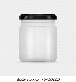 Empty transparent glass jar with screw cap. Round Shape Glass Canister isolated on transparent background. Vector illustration. Eps 10.