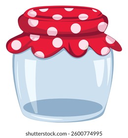 Empty Transparent Glass Jar. Vector illustration of a glass container with a fabric cover and elastic band. Ideal for storing seeds, grains, spices, jam, or preserved goods.