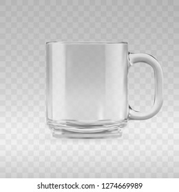 Empty transparent glass mug mockup. Realistic 3d vector illustration of blank glassy tankard or classic coffee cup