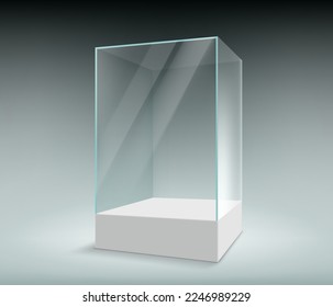 Empty transparent glass showcase or box. Mockup for advertising. vector illustration