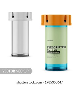 Empty transparent medication bottle. Vector illustration. Contains an accurate mesh to wrap your artwork with the correct envelope distortion. Photo-realistic packaging mockup with sample design.