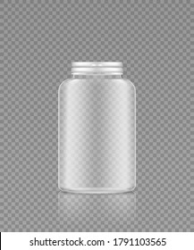 Empty transparent plastic bottle mockup for supplement or medicine pills. Package design. Blank medicine, sport nutrition, healthcare template. 3d realistic vector illustration