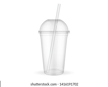 Empty transparent plastic cup with straw on white background vector mock up